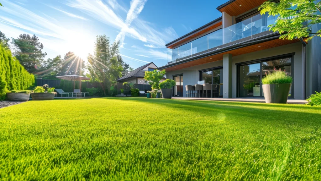 Lush, vibrant lawn in a well-maintained outdoor space with modern home and landscaping elements, showcasing professional lawn care and landscape services in Harrisburg, SD.