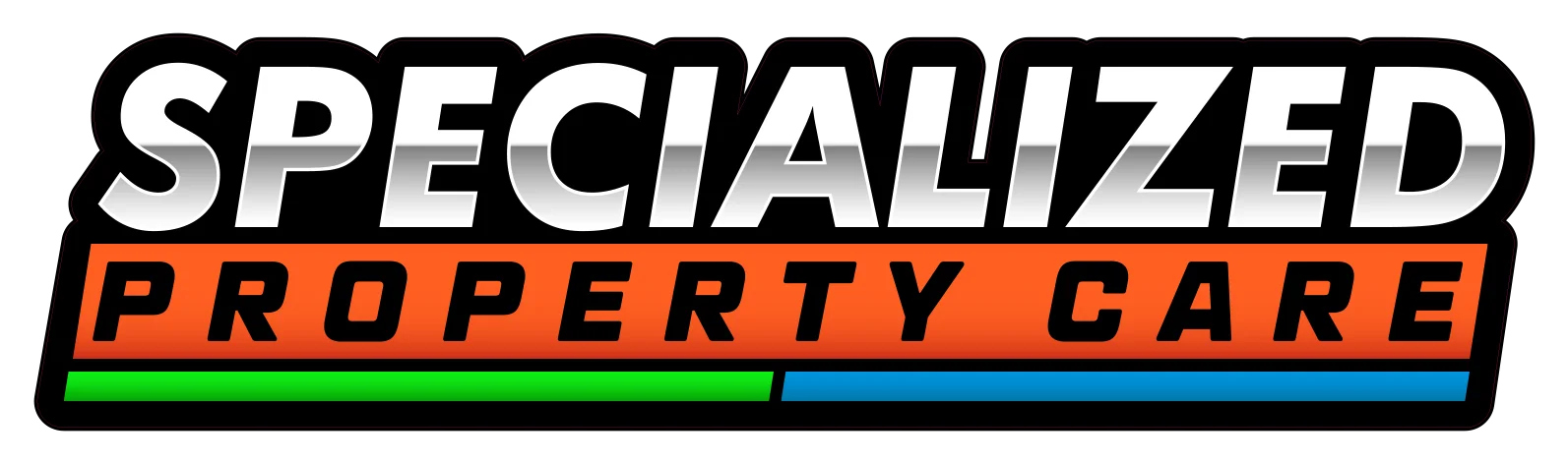 Specialized Property Care logo featuring bold text in orange, black, and green colors, representing snow removal services.