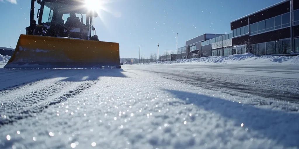 Commercial snow removal equipment clearing snow from a parking lot, ensuring safe access for businesses during winter storms.