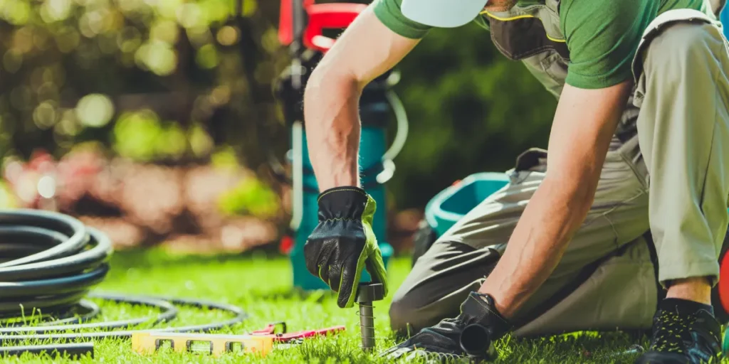 Technician performing irrigation system repair on a residential lawn, using tools and equipment for efficient sprinkler maintenance.