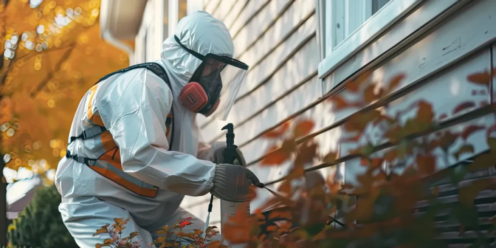 Pest control technician in protective gear applying perimeter treatment to home exterior, surrounded by autumn foliage.