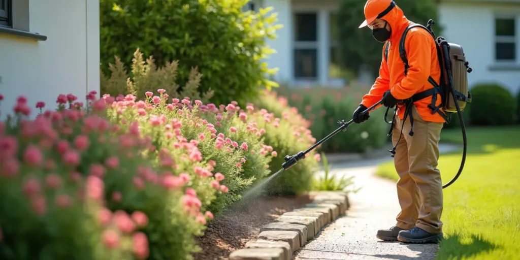 Pest control technician in orange safety gear applying treatment near flowering plants in residential landscape.