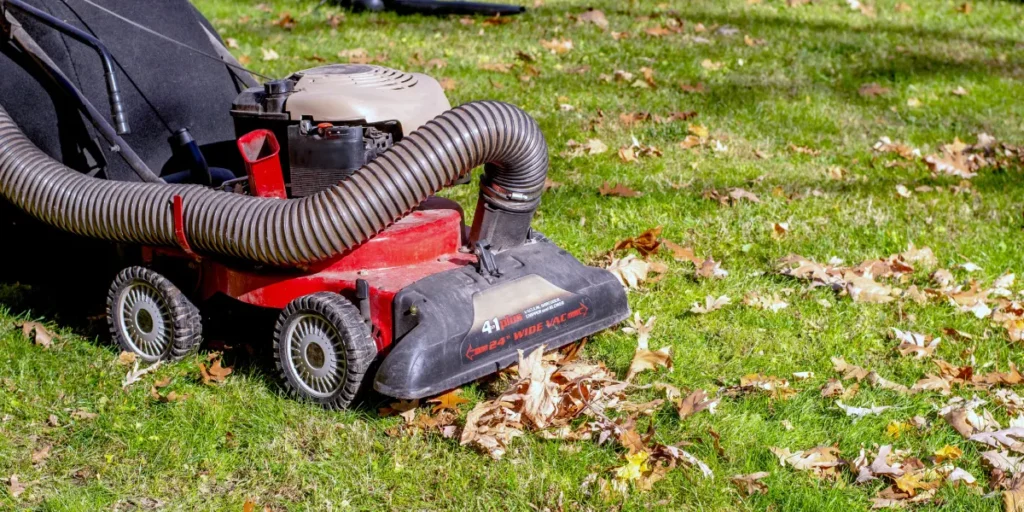Lawn vacuum machine collecting fallen leaves on a grassy area, illustrating seasonal cleanup services for property maintenance.