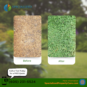 Before and after comparison of lawn care treatment showing dry, brown grass transitioning to healthy, green turf, with Specialized Property Care branding and contact information for free quotes.