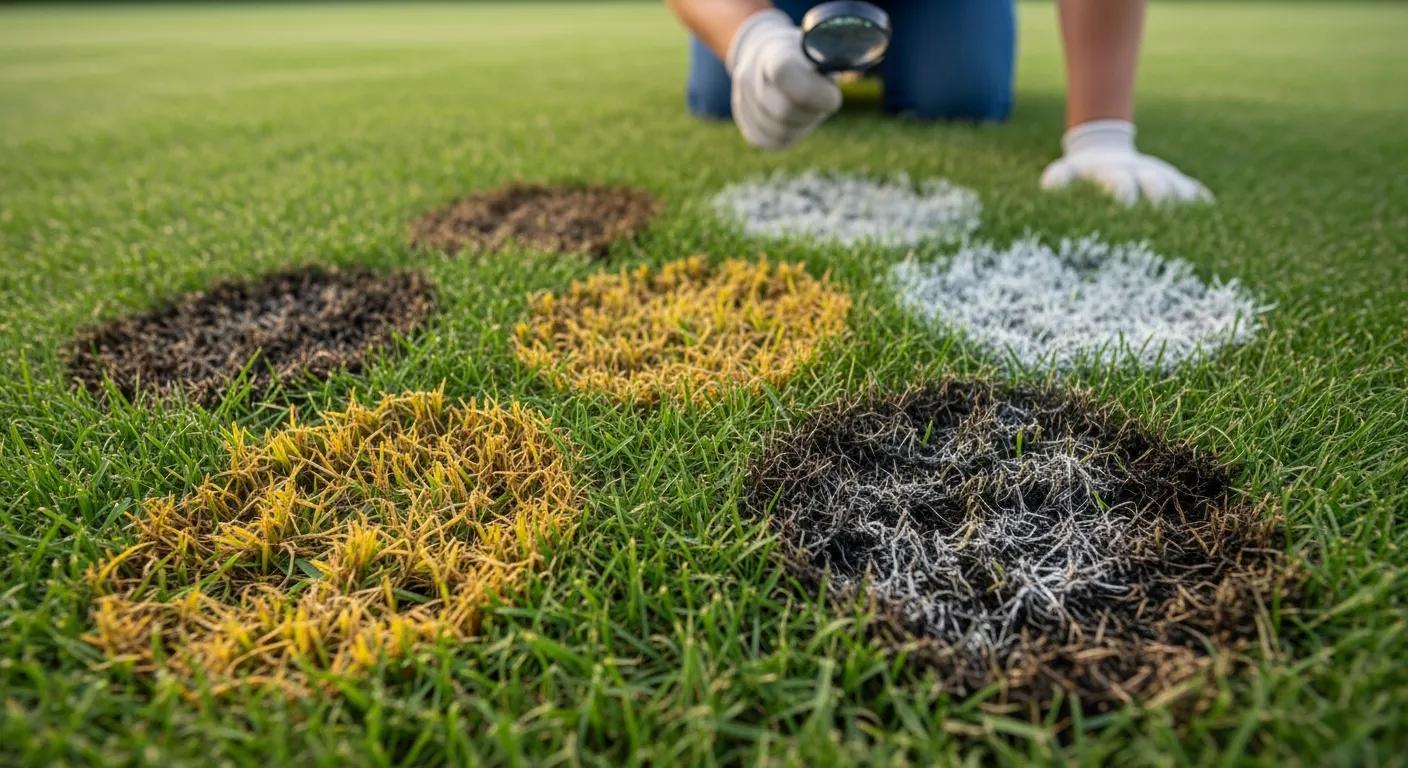 Close-up of lawn diseases with a person inspecting grass for symptoms