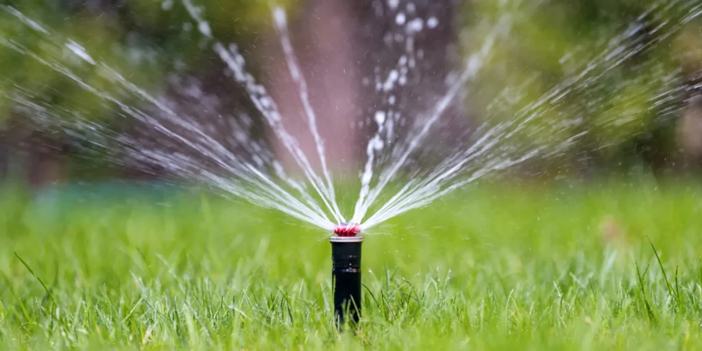 Smart irrigation system watering a healthy lawn, illustrating best practices for turf moisture management