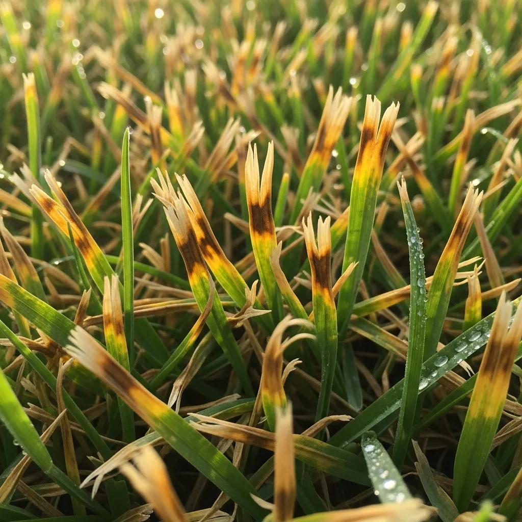 Close-up of grass blades showing symptoms of lawn disease with discoloration and wilting - Local Lawn Disease Control for Sioux Falls