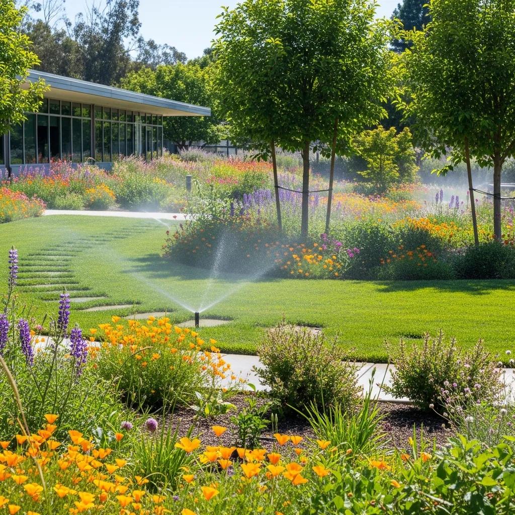 Eco-friendly commercial landscaping with native plants and smart irrigation system