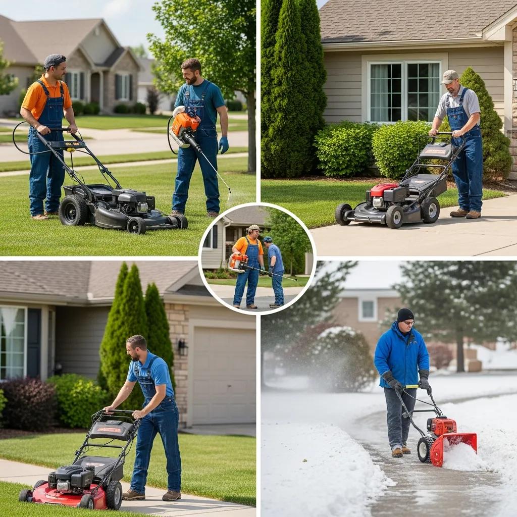 Property maintenance team providing lawn care and pest control services in a residential area