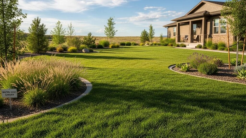 Drought-resistant lawn featuring Tall Fescue and Buffalo Grass in a sunny residential setting