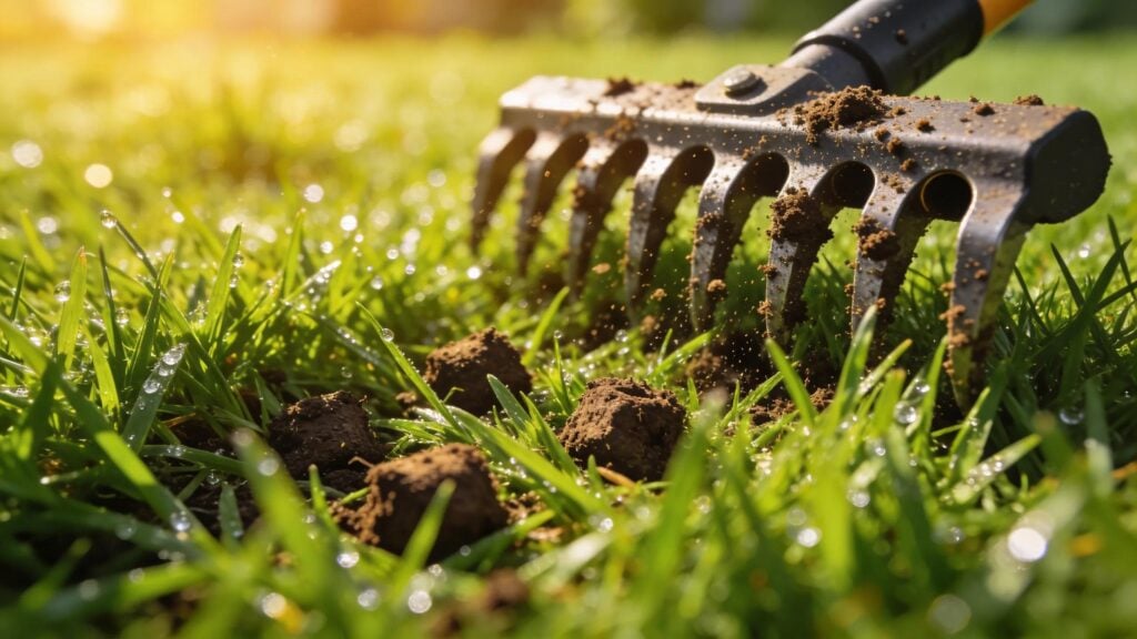 Close-up of thriving grass after professional fertilization and aeration services, demonstrating improved lawn health