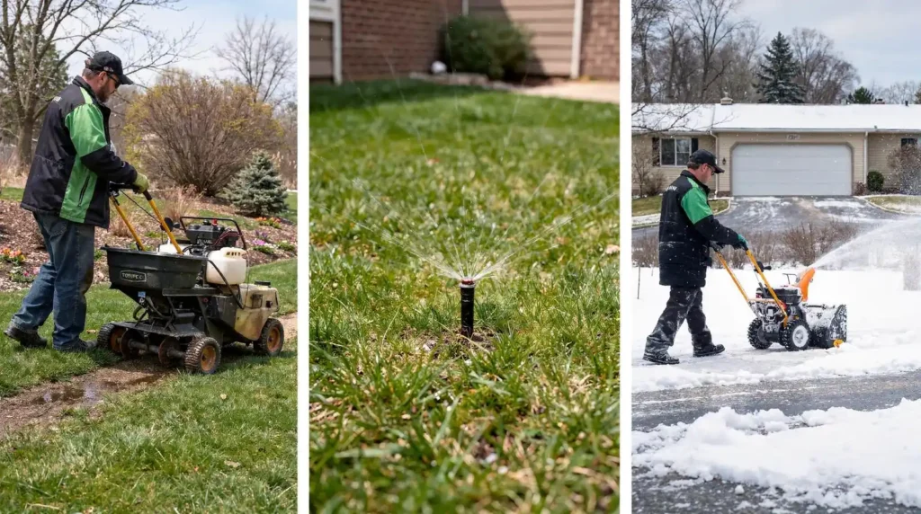 Year-round lawn, pest, irrigation, snow, and lighting services support the full outdoor property in Sioux