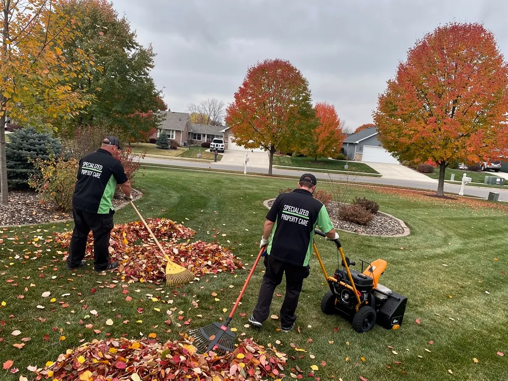 Team of professionals performing fall cleanup tasks in a residential yard